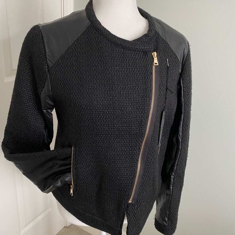 Rebecca Elliot fitted jacket with offset gold zip, black twill - vegan leather.